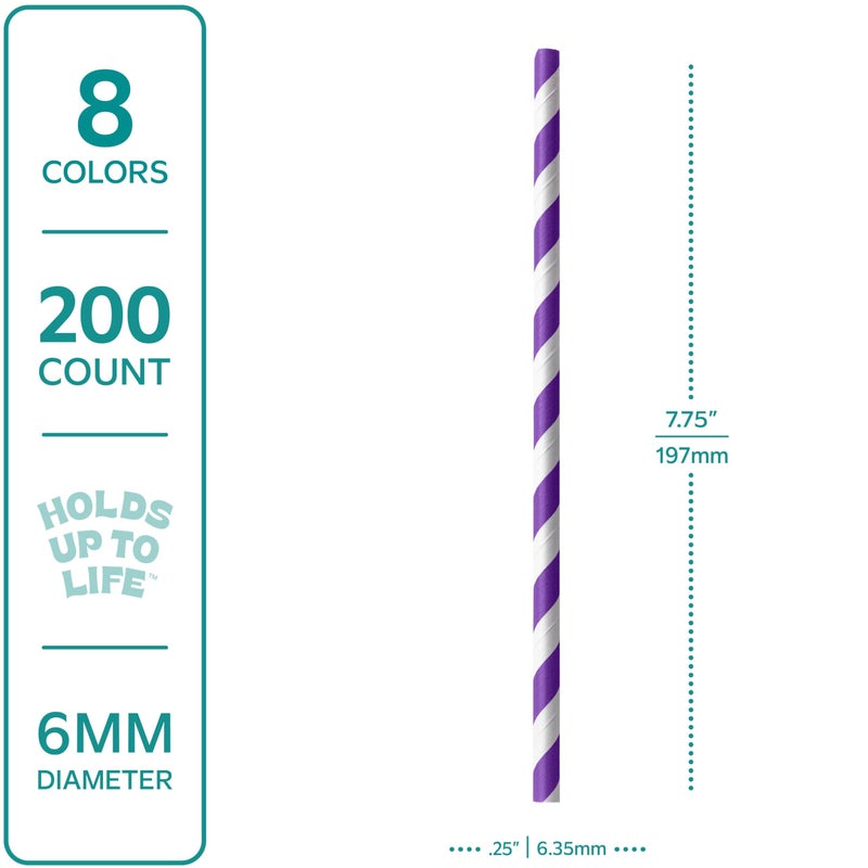 GUSTO [200 Pack] Striped Paper Drinking Straws â€“ Sturdy & Non-Soggy â€“ 100% Biodegradable, Food-Safe Ink, and Multi-Layered for Long-Lasting Use â€“ Vibrant Assorted Colors (Formerly Comfy Package) - Image 2